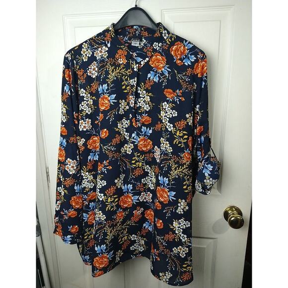 Simply Emma Woman 2X Blouse Blue Orange Floral Roll Tab Collared Button Front - Picture 1 of 10